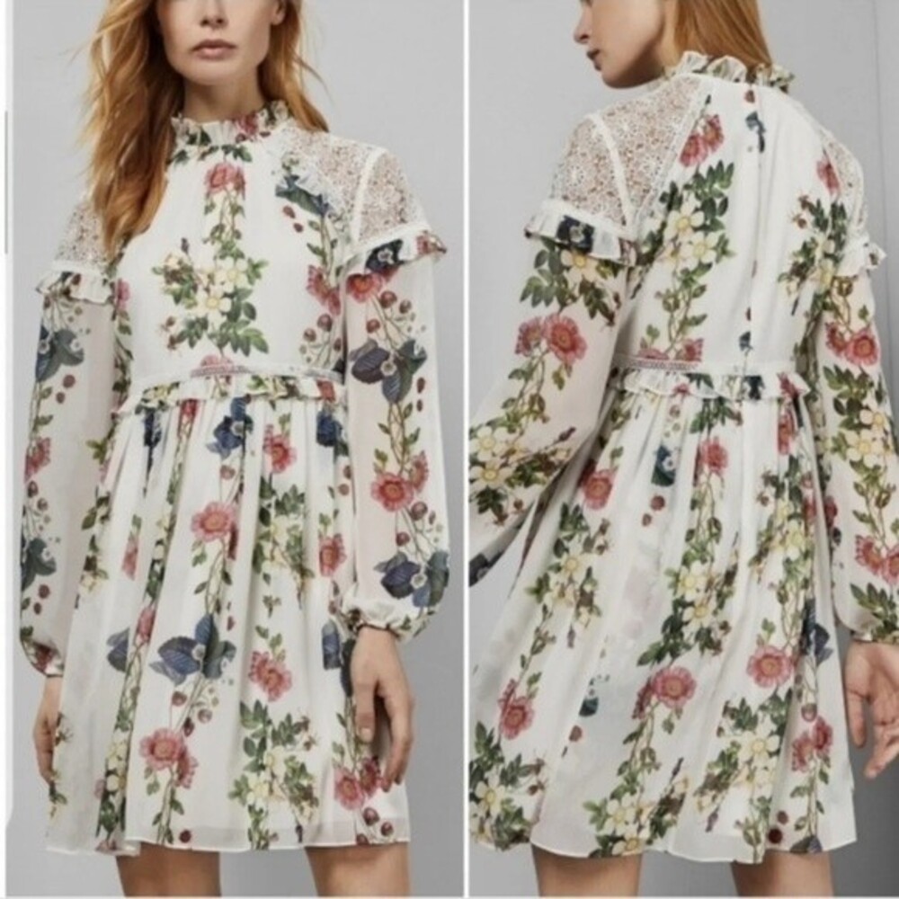 Ted Baker White Floral Lace-Trim Mini Dress